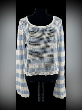 Mi Ami Francesca's Blue White Striped Open Knit Crochet Sweater Bell Sleeve L